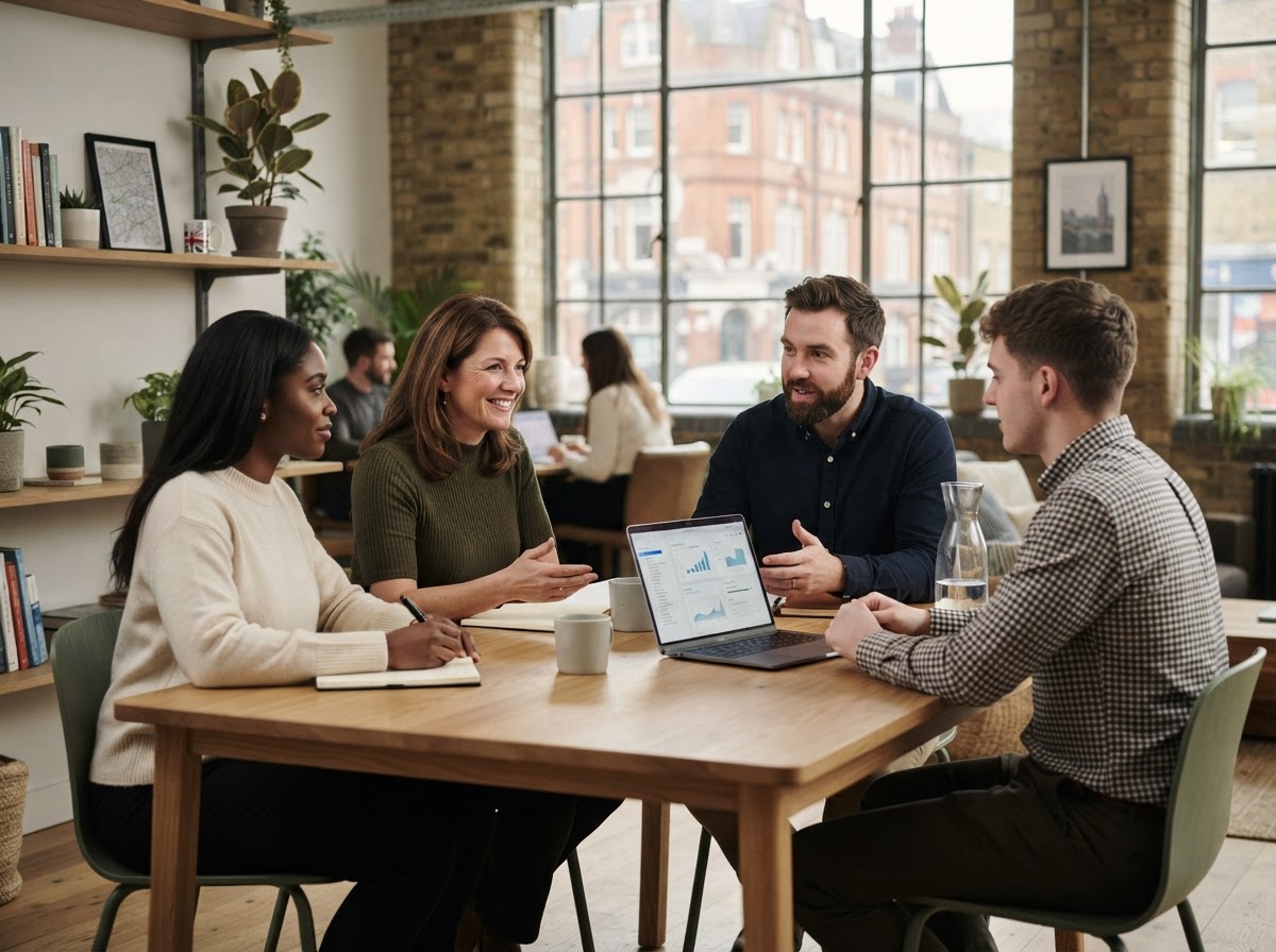 Varvelyn AI team reviewing predictive analytics on a laptop in a co-working space